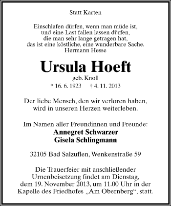 Anzeige  Ursula Hoeft  Lippische Landes-Zeitung