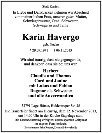 Anzeige  Karin Havergo  Lippische Landes-Zeitung