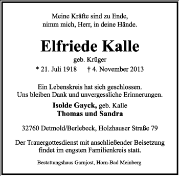 Anzeige  Elfriede Kalle  Lippische Landes-Zeitung