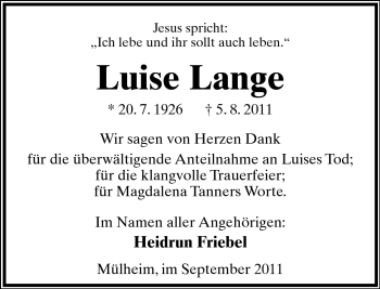 Anzeige  Luise Lange  Lippische Landes-Zeitung