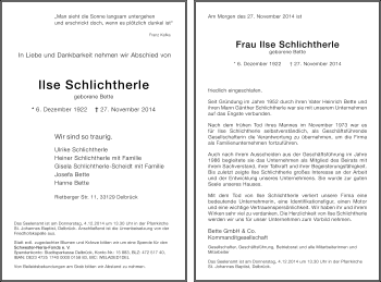 Anzeige  Ilse Schlichtherle  Lippische Landes-Zeitung