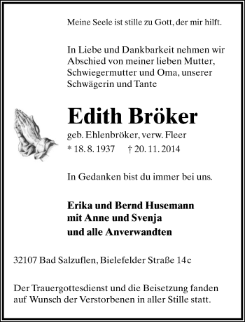 Anzeige  Edith Bröker  Lippische Landes-Zeitung