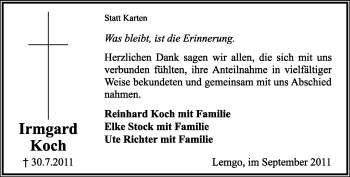 Anzeige  Irmgard Koch  Lippische Landes-Zeitung