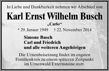 Anzeige  Karl Ernst Wilhelm Busch  Lippische Landes-Zeitung