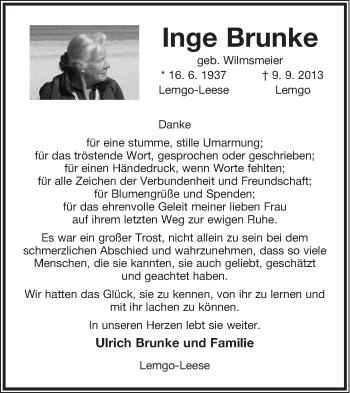 Anzeige  Inge Brunke  Lippische Landes-Zeitung