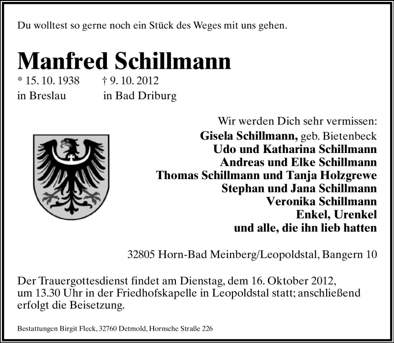  Traueranzeige für Manfred Schillmann vom 13.10.2012 aus Lippische Landes-Zeitung