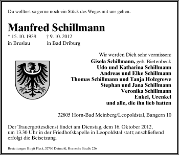 Anzeige  Manfred Schillmann  Lippische Landes-Zeitung