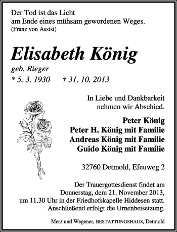 Anzeige  Elisabeth König  Lippische Landes-Zeitung