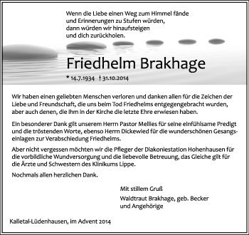 Anzeige  Friedhelm Brakhage  Lippische Landes-Zeitung