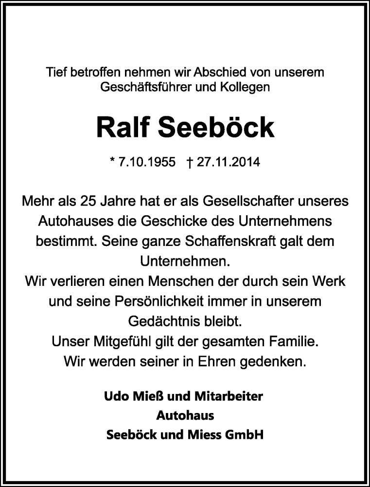  Traueranzeige für Ralf Seeböck vom 29.11.2014 aus Lippische Landes-Zeitung