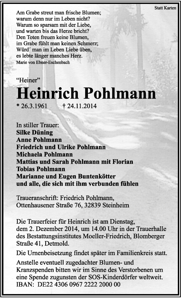  Traueranzeige für Heinrich Pohlmann vom 29.11.2014 aus Lippische Landes-Zeitung