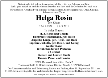 Anzeige  Helga Rosin  Lippische Landes-Zeitung