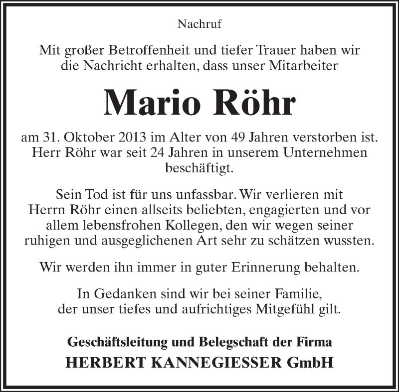  Traueranzeige für Mario Röhr vom 09.11.2013 aus Lippische Landes-Zeitung