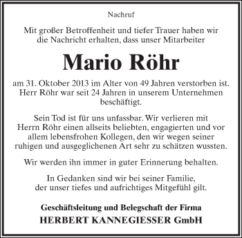 Anzeige  Mario Röhr  Lippische Landes-Zeitung