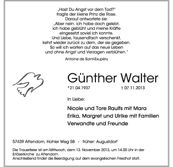 Anzeige  Günther Walter  Lippische Landes-Zeitung