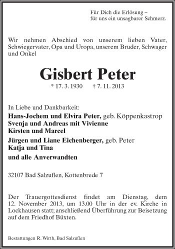 Anzeige  Gisbert Peter  Lippische Landes-Zeitung