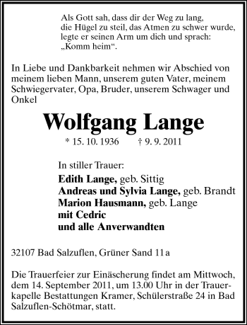 Anzeige  Wolfgang Lange  Lippische Landes-Zeitung