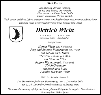 Anzeige  Dietrich Wicht  Lippische Landes-Zeitung