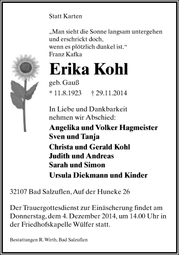 Anzeige  Erika Kohl  Lippische Landes-Zeitung