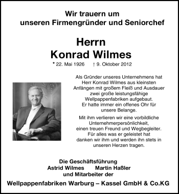 Anzeige  Konrad Wilmes  Lippische Landes-Zeitung