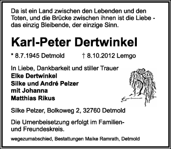 Anzeige  Karl-Peter Dertwinkel  Lippische Landes-Zeitung