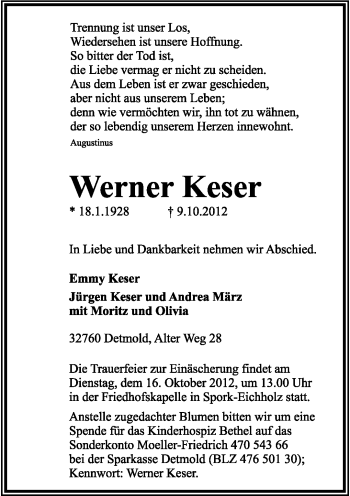 Anzeige  Werner Keser  Lippische Landes-Zeitung