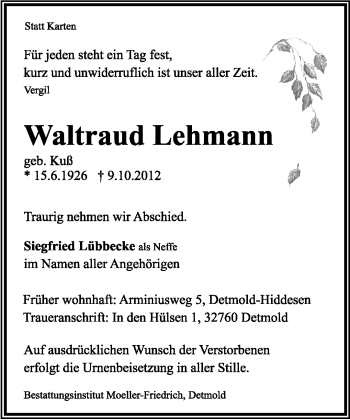Anzeige  Waltraud Lehmann  Lippische Landes-Zeitung