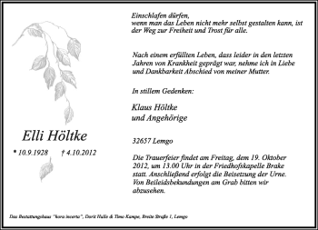 Anzeige  Elli Höltke  Lippische Landes-Zeitung