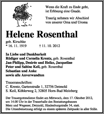 Anzeige  Helene Rosenthal  Lippische Landes-Zeitung