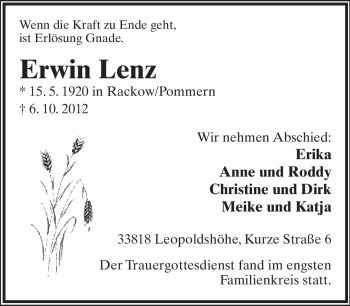 Anzeige  Erwin Lenz  Lippische Landes-Zeitung