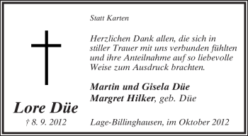 Anzeige  Lore Düe  Lippische Landes-Zeitung