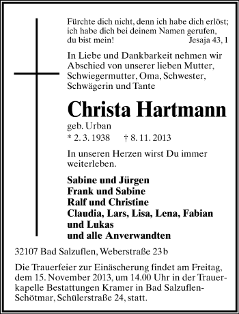 Anzeige  Christa Hartmann  Lippische Landes-Zeitung
