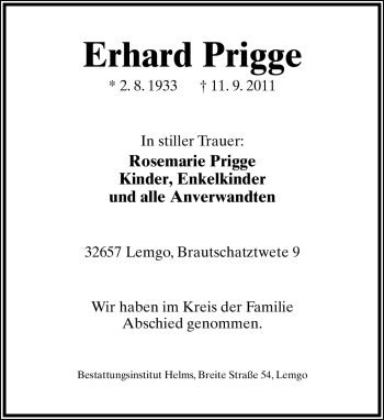 Anzeige  Erhard Prigge  Lippische Landes-Zeitung