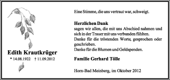 Anzeige  Edith Krautkrüger  Lippische Landes-Zeitung