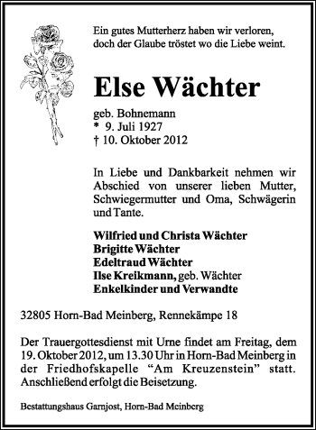 Anzeige  Else Wächter  Lippische Landes-Zeitung