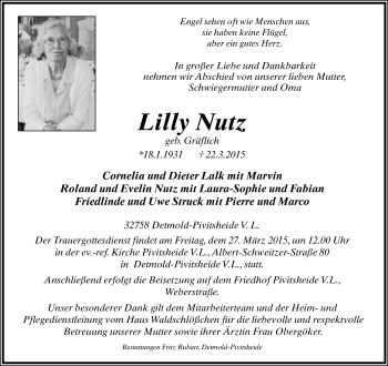Anzeige  Lilly Nutz  Lippische Landes-Zeitung