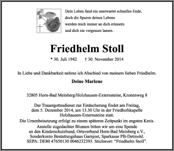 Anzeige  Friedhelm  Stoll  Lippische Landes-Zeitung