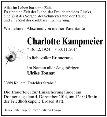Anzeige  Charlotte Kampmeier  Lippische Landes-Zeitung