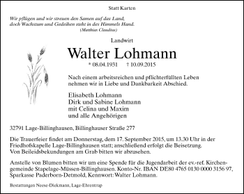 Anzeige  Walter Lohmann  Lippische Landes-Zeitung