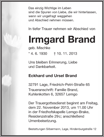 Anzeige  Irmgard Brand  Lippische Landes-Zeitung