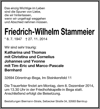 Anzeige  Friedrich-Wilheim Stammeier  Lippische Landes-Zeitung