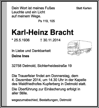 Anzeige  Karl-Heinz Bracht  Lippische Landes-Zeitung