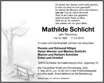 Anzeige  Mathilde Schlicht  Lippische Landes-Zeitung