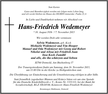 Anzeige  Hans-Friedrich Wedemeyer  Lippische Landes-Zeitung