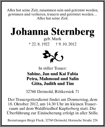 Anzeige  Johanna Sternberg  Lippische Landes-Zeitung
