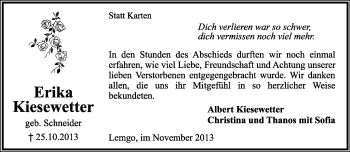Anzeige  Erika Kiesewetter  Lippische Landes-Zeitung