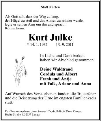 Anzeige  Kurt Julke  Lippische Landes-Zeitung