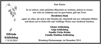 Anzeige  Elfriede Schlichting  Lippische Landes-Zeitung