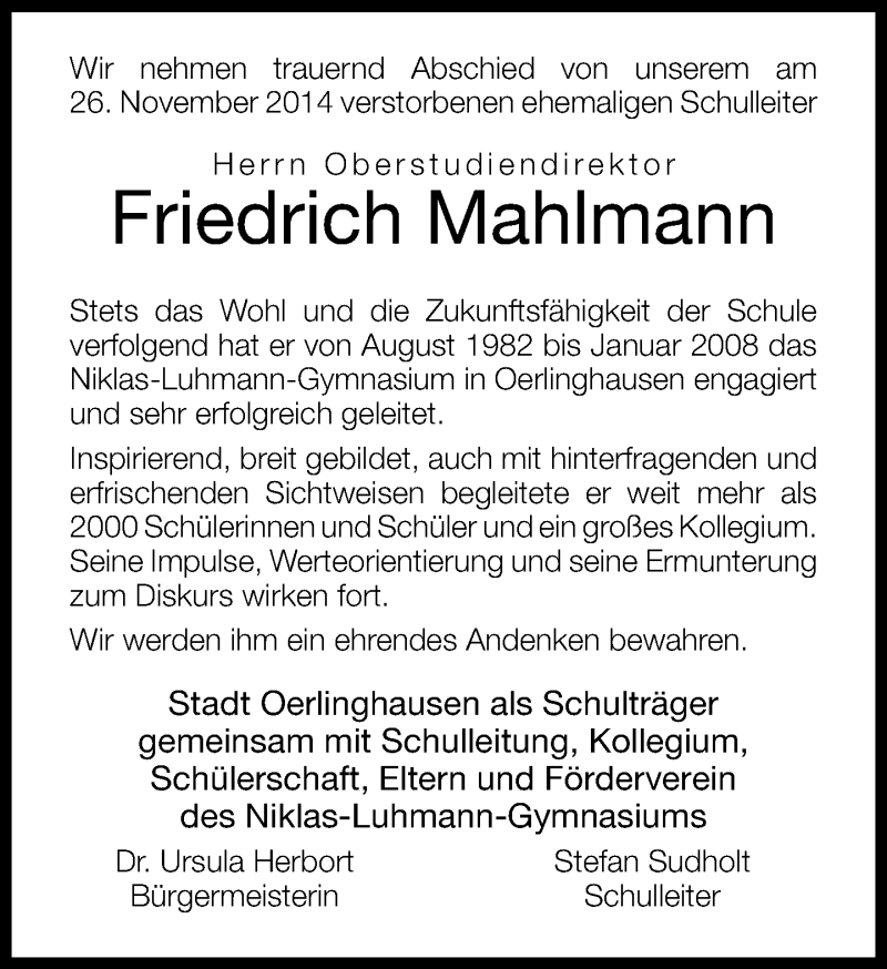  Traueranzeige für Friedrich  Mahlmann vom 02.12.2014 aus Lippische Landes-Zeitung