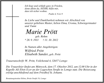 Anzeige  Marie Prött  Lippische Landes-Zeitung